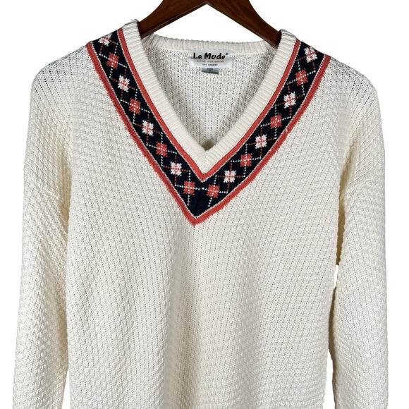 Vintage La Mode Mens Tennis Sweater Cream Waffle Knit V-Neck Small Preppy Argyle - Picture 2 of 11